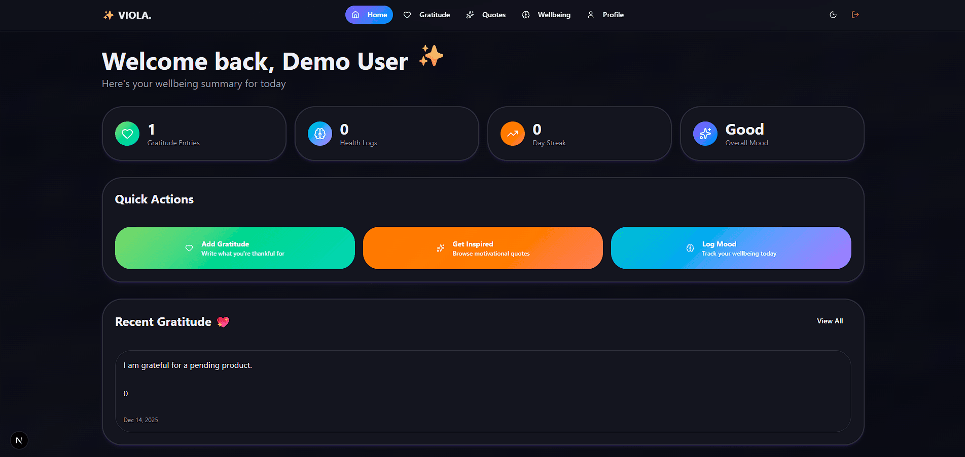 Preview of the dark Viola dashboard